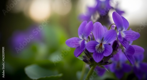 A close-up of vibrant purple viola flowers in full bloom, showcasing their delicate beauty against a soft green bokeh background in a spring garden.