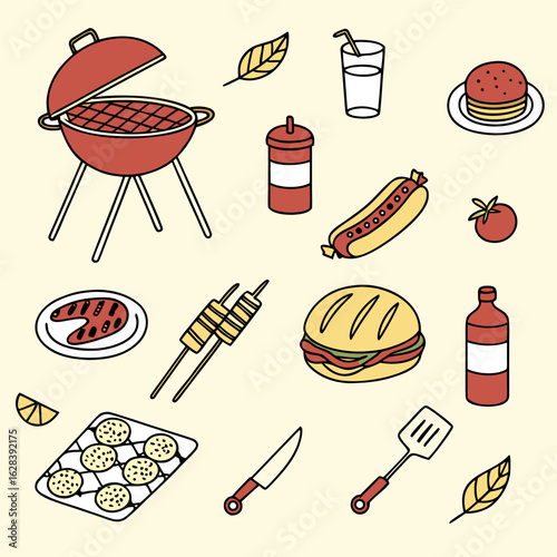 Illustration of a barbecue grill with various food items such as burgers hotdogs and steak on a light background