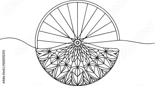 Continuous one line drawing of a bicycle wheel transforming into a mandala pattern through the spokes, symbolizing balance and motion

