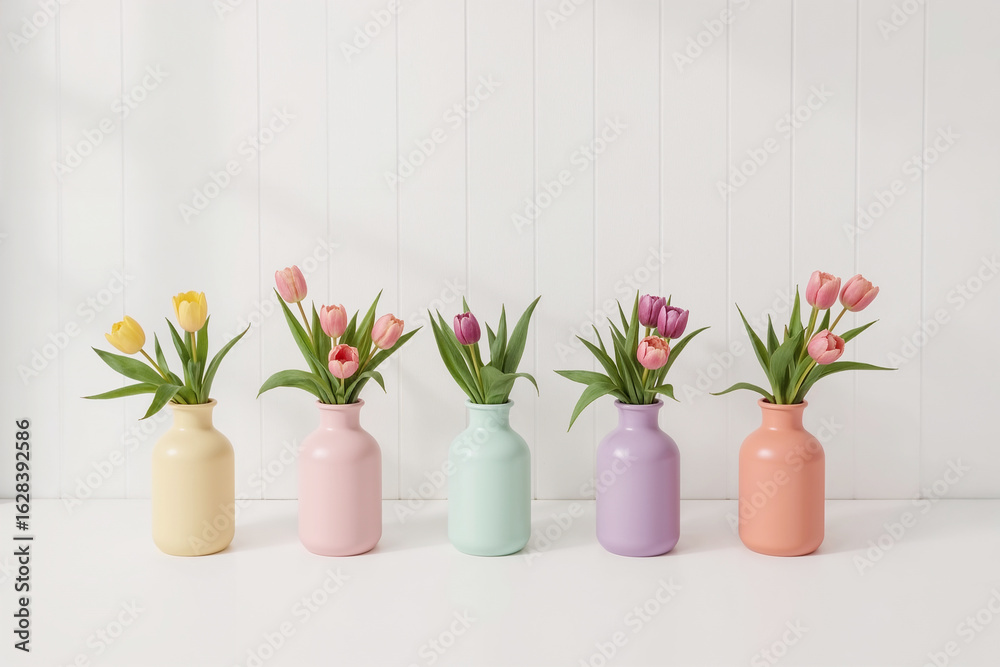 Fototapeta premium Five Pastel Vases with Mixed Tulips in a Row flowers pink