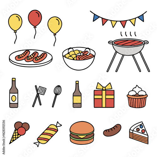 Illustration of party elements including balloons, grill, food, drinks, and a gift box arrangement