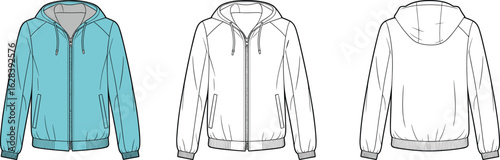 Vector flat sketch of hooded windbreaker jacket with zipper front, casual lightweight outerwear, ribbed cuffs and hem, front and back view apparel template design