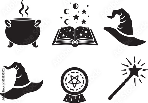 Mystical magic icons spellcasting witches hat cauldron crystal ball