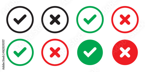 Set of tick mark in green and cross mark in red colour and stroke with white background, check and cross mark icon set. checkmark and x mark icon use for apps and website. checkmark, icon, vector.