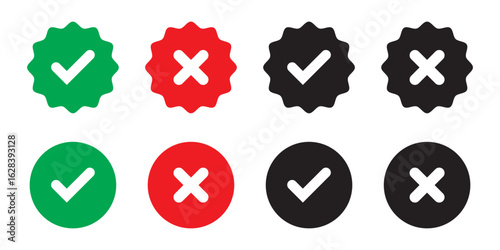 Set of tick mark in green and cross mark in red colour and stroke with white background, check and cross mark icon set. checkmark and x mark icon use for apps and website. checkmark, icon, vector.