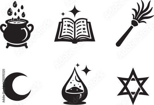 Mystical symbols: cauldron, spellbook, wand, moon, potion, star