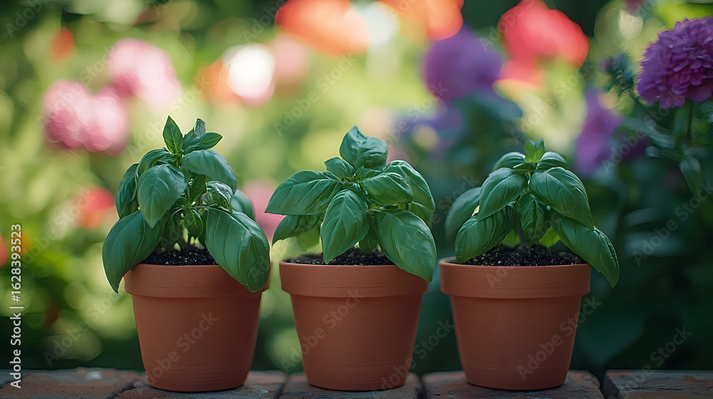 Fototapeta premium Ecology Wellness Unprocessed Three potted plants with vibrant flowers in the background create a lush, colorful scene.