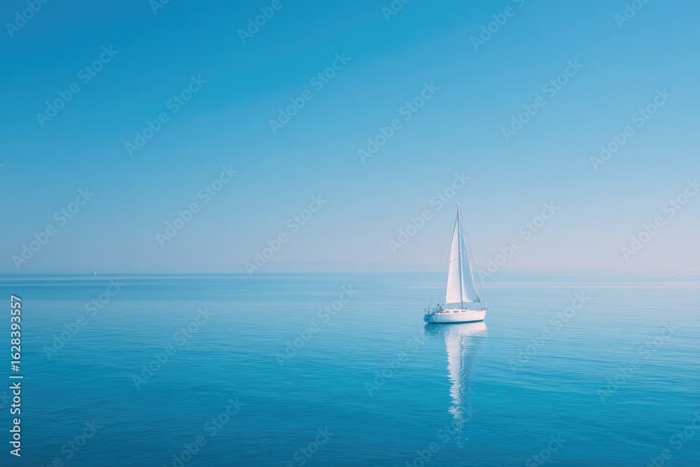 Obraz premium Sailboat gliding smoothly across tranquil blue waters, reflectin