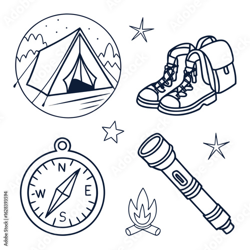 Illustration of camping gear including a tent, boots, compass, flashlight, and campfire on a white background