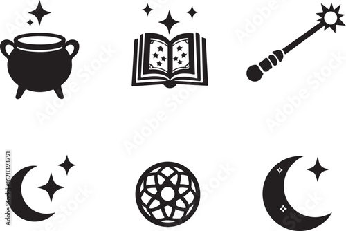 Magical symbols cauldron, book, wand, moon, stars, globe
