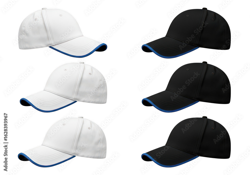 Collection of baseball caps white and black isolated on transparent background Collection of baseball caps white and black isolated on transparent background
