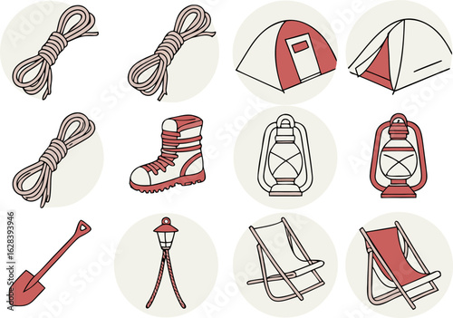 Illustration showing camping equipment including ropes tents boots lanterns shovel and folding chairs on circles