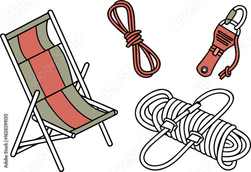 Illustration featuring a beach chair, a coiled rope, a tied rope and a carabiner clip object here