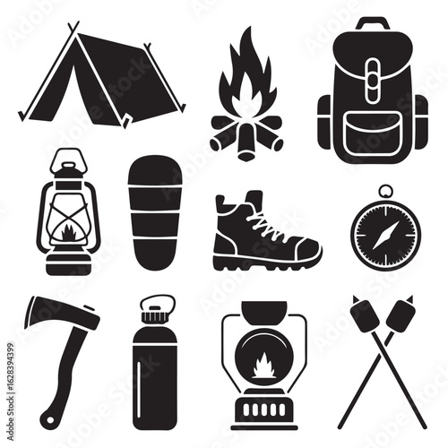 Vector art of a collection of black silhouette icons representing camping and outdoor adventure essentials