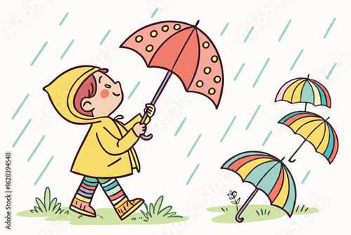  rainy day, rain jacket, colorful umbrellas, rain boots, rain drops, vibrant colors, hand-drawn, watercolor style, stylized illustration, whimsical, childlike, playful
