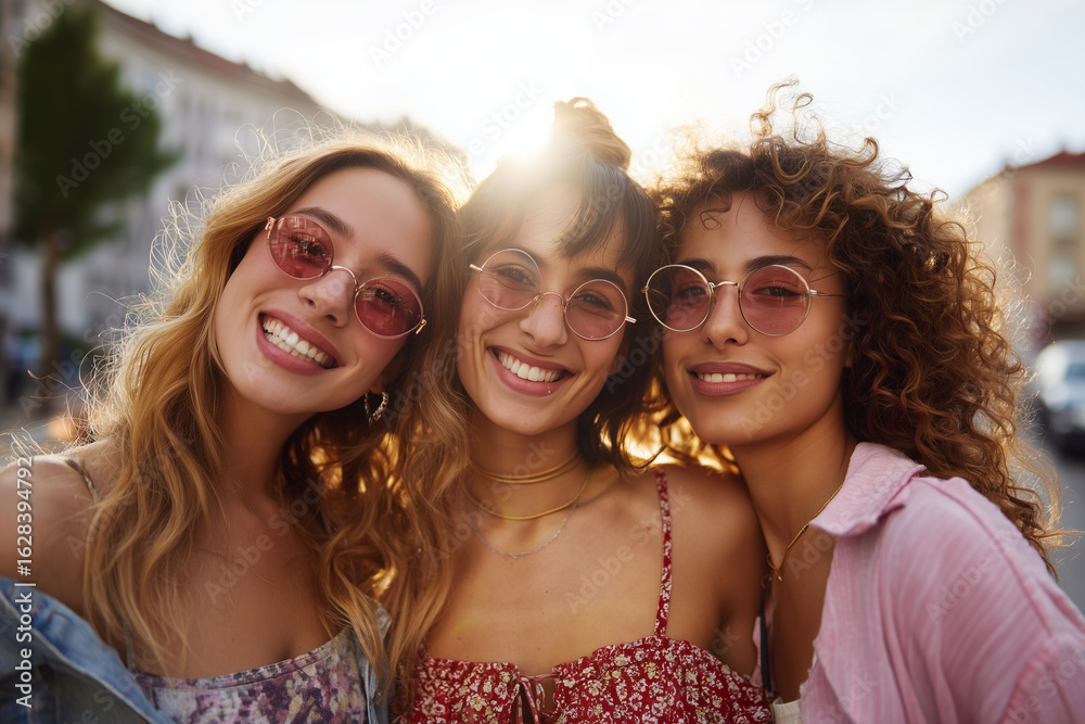 Fototapeta premium Happy young women wearing stylish round sunglasses smiling and enjoying a sunny day outdoors together