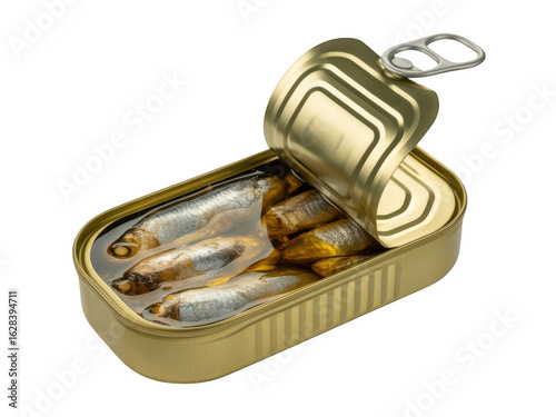 Open tin of sardines in oil isolated on transparent background