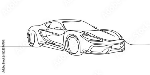 Continuous one single line drawing of car. Minimalist black linear sketch isolated on white background. Vector illustration, Silhouette of modern auto. One line continuous concept banner with modern.