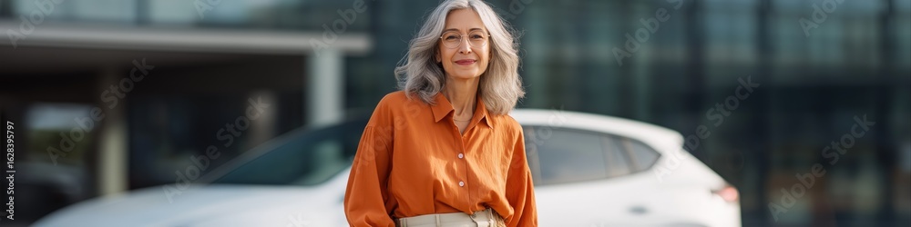 Fototapeta premium Confident caucasian mature woman in orange shirt standing outdoors