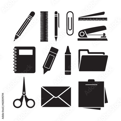Vector art of a collection of black stationery and office supply icons arranged in a grid