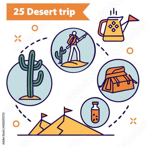Illustration showing desert trip elements including cactus hiker tent bottle mountains and watering can design