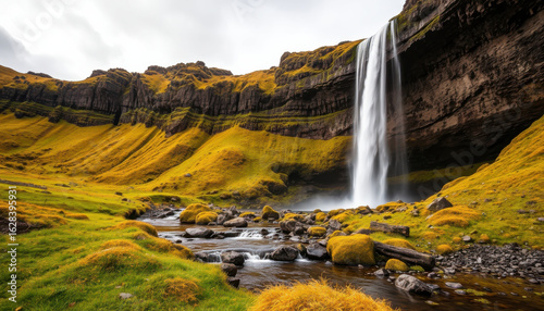 Stunning waterfall cascades down rocky cliff, surrounded by vibrant green and yellow moss covered hills. serene landscape evokes sense