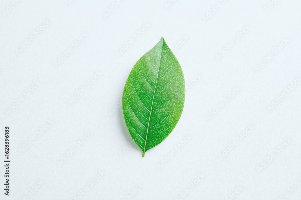 Obraz premium Bright green leaf showcasing detailed veins on minimalistic ligh