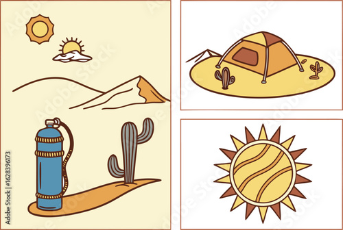 Illustration showing desert landscape with sun, mountains, cactus, tank, camping tent and another sun design