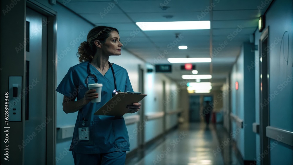 Fototapeta premium Nurse Holding Coffee and Clipboard in Hospital Corridor