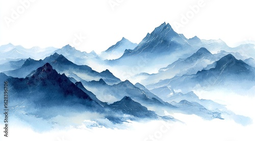 Wallpaper Mural Misty mountain range, painted in shades of blue and white Torontodigital.ca