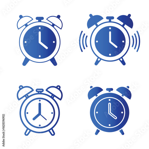 Collection of blue alarm clock icons representing time wake up and punctuality concepts