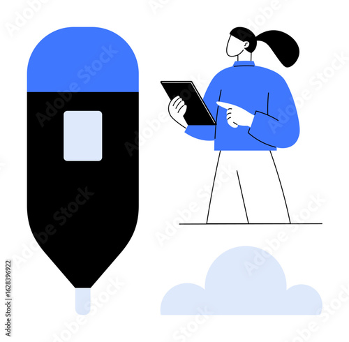 Large marker, cloud, and person holding tablet, emphasizing innovation and technology. Ideal for education, design, productivity, cloud storage, collaborative tools creativity simple landing page