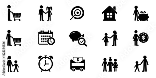 silhouette icons of budgeting and finance control for families, include grocery budget, family goal, bill calendar, emergency jar