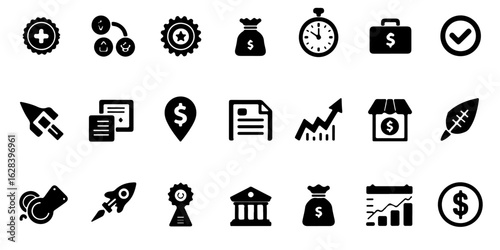 silhouette icons of micro-investment and savings tools include spare change round-up, auto-save, goal jar, micro portfolio, investment boost