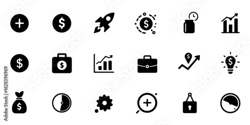 silhouette icons of micro-investment and savings tools include spare change round-up, auto-save, goal jar, micro portfolio, investment boost
