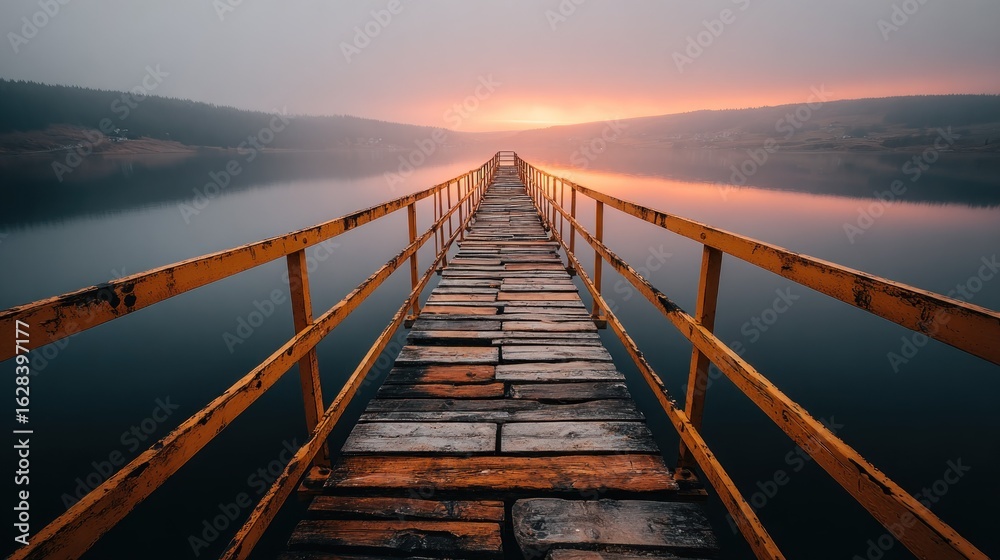Naklejka premium Wooden pier extending into a tranquil lake at sunrise