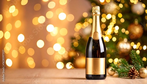 Festive Champagne Bottle with Golden Label and Christmas Tree Bokeh Background