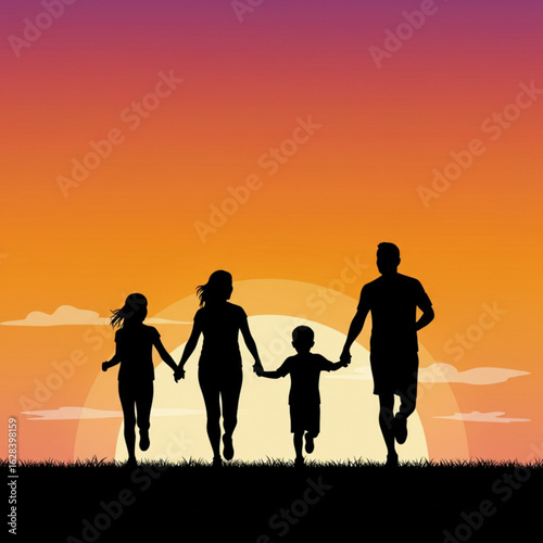 Vector art of silhouette of happy family running on grass field at sunset holding hands