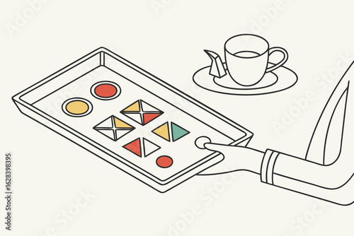  a serving tray with a hand holding colorful geometric shapes, minimalist stylized illustration, digital art, vector graphic, isometric, clean lines, flat design