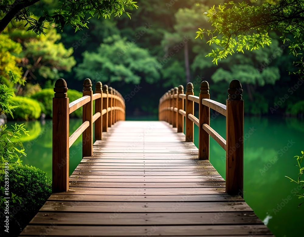 Fototapeta premium Wooden bridge over tranquil pond