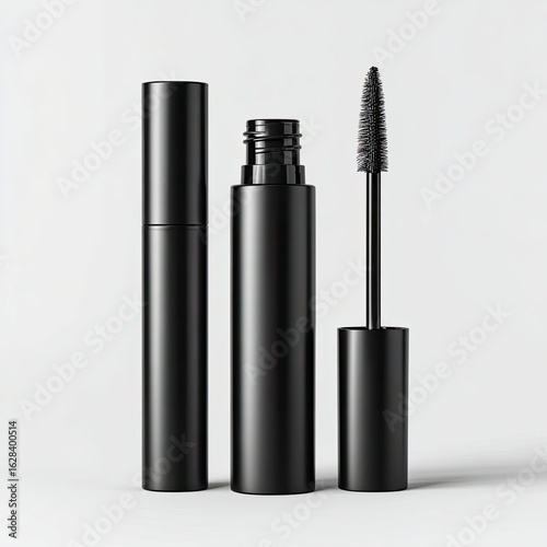 Two black mascara tubes, one open, one closed,  positioned vertically on a plain white background
