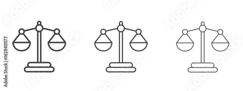 Scales of justice icon in linear, outline icon isolated on white background