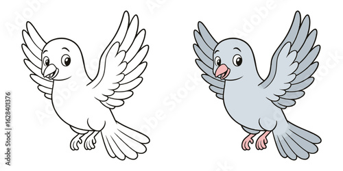 Cute Dove Cartoon Flying Coloring Page for Kids Printable Line Art Vector Illustration