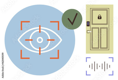 Eye recognition symbol with focus marks, green checkmark, soundwave element, and smart door lock. Ideal for security, authentication, biometrics, smart technology, digital access privacy simple