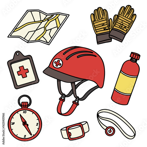 Illustration of emergency medical technician gear including helmet map gloves and other equipment items