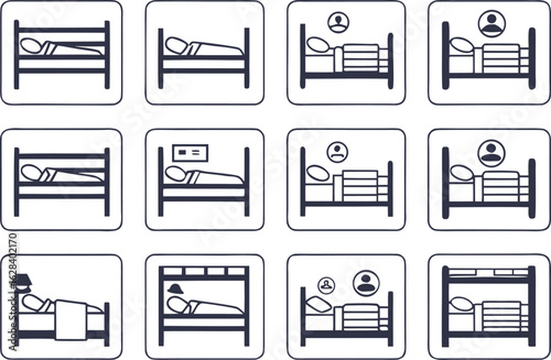 Illustration of twelve icons depicting people sleeping in different types of beds and bunk beds in black and white