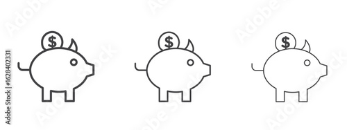 Piggy bank icon in linear, outline icon isolated on white background
