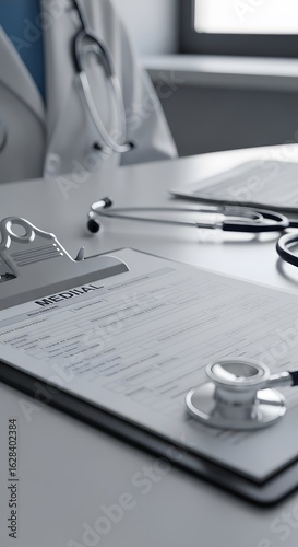Close-up view of a doctor's desk with a clipboard featuring medical documents, a stethoscope, and a doctor in the background, symbolizing healthcare and medical care