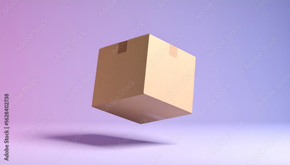 Fototapeta premium Floating Cardboard Box with Shadow on Gradient Purple Background, Studio Shot