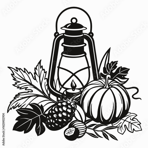 Antique lantern with harvest bounty burning candle pumpkin